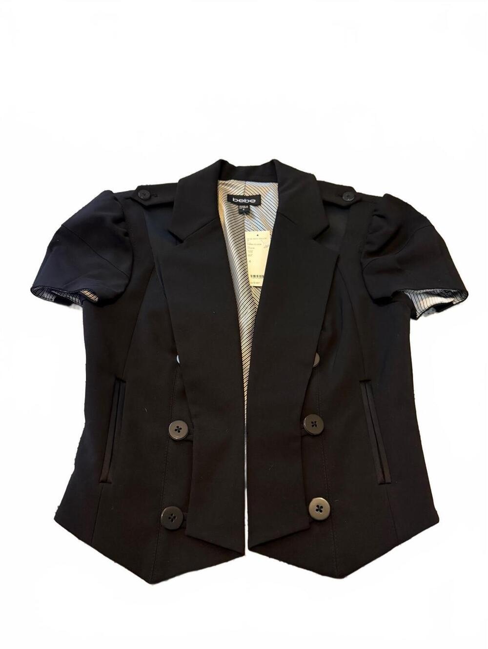 NWT Bebe Sheila Short Sleeve Double Breasted Blazer Jacket Black Puff Shoulder 4